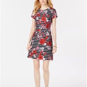 Adrianna Papell Scuba A-Line Cap Sleeve Floral Striped Dress 12 Party Office